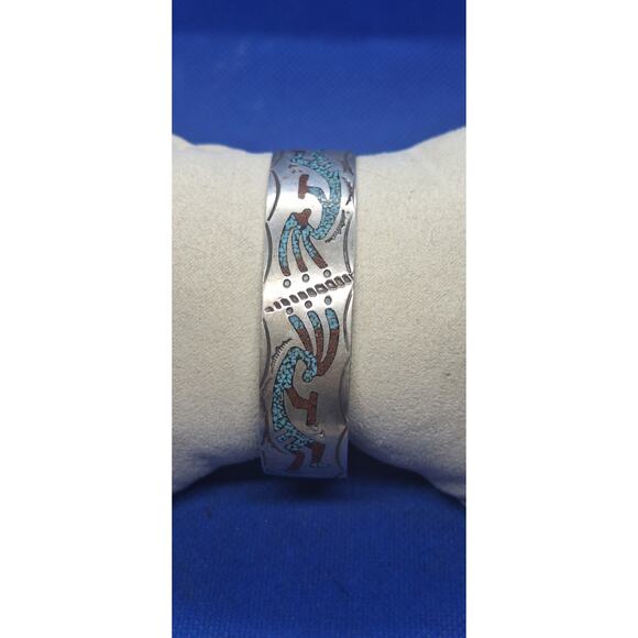 Sterling Silver Bangle Bracelet with Turquoise/Coral Chips- Kokopelli- Navajo - Picture 5 of 6